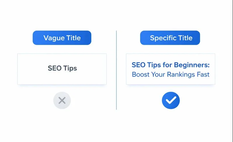 Infographic comparing a vague SEO title "SEO Tips" with a specific SEO title "SEO Tips for Beginners: Boost Your Rankings Fast." The vague title is marked with a gray "X" and the specific title with a blue checkmark.