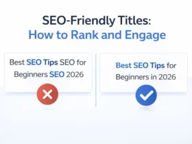 Infographic comparing two SEO titles. On the left, a keyword-stuffed title "Best SEO Tips SEO for Beginners SEO 2026" is marked with a red "X," while on the right, a clean, optimized title "Best SEO Tips for Beginners in 2026" is highlighted with a blue checkmark. The image includes the title 'SEO-Friendly Titles: How to Rank and Engage' in a bold, modern font with a white, blue, and black color scheme.