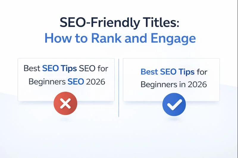Infographic comparing two SEO titles. On the left, a keyword-stuffed title "Best SEO Tips SEO for Beginners SEO 2026" is marked with a red "X," while on the right, a clean, optimized title "Best SEO Tips for Beginners in 2026" is highlighted with a blue checkmark. The image includes the title 'SEO-Friendly Titles: How to Rank and Engage' in a bold, modern font with a white, blue, and black color scheme.