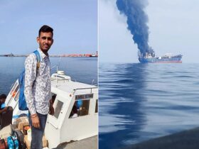 Strait of Hormuz missile strike survivor describes escaping from a burning oil tanker after an attack near the Gulf shipping route.