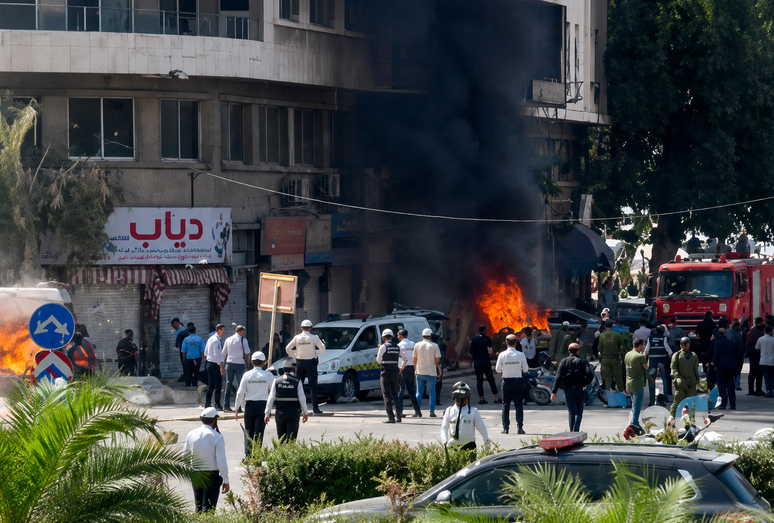 Emergency responders gather after Damascus bomb explosions near the Four Seasons Hotel during Emmanuel Macron's visit to Syria.