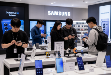 Samsung Electronics headquarters as the company reports record profits driven by AI memory chip demand.