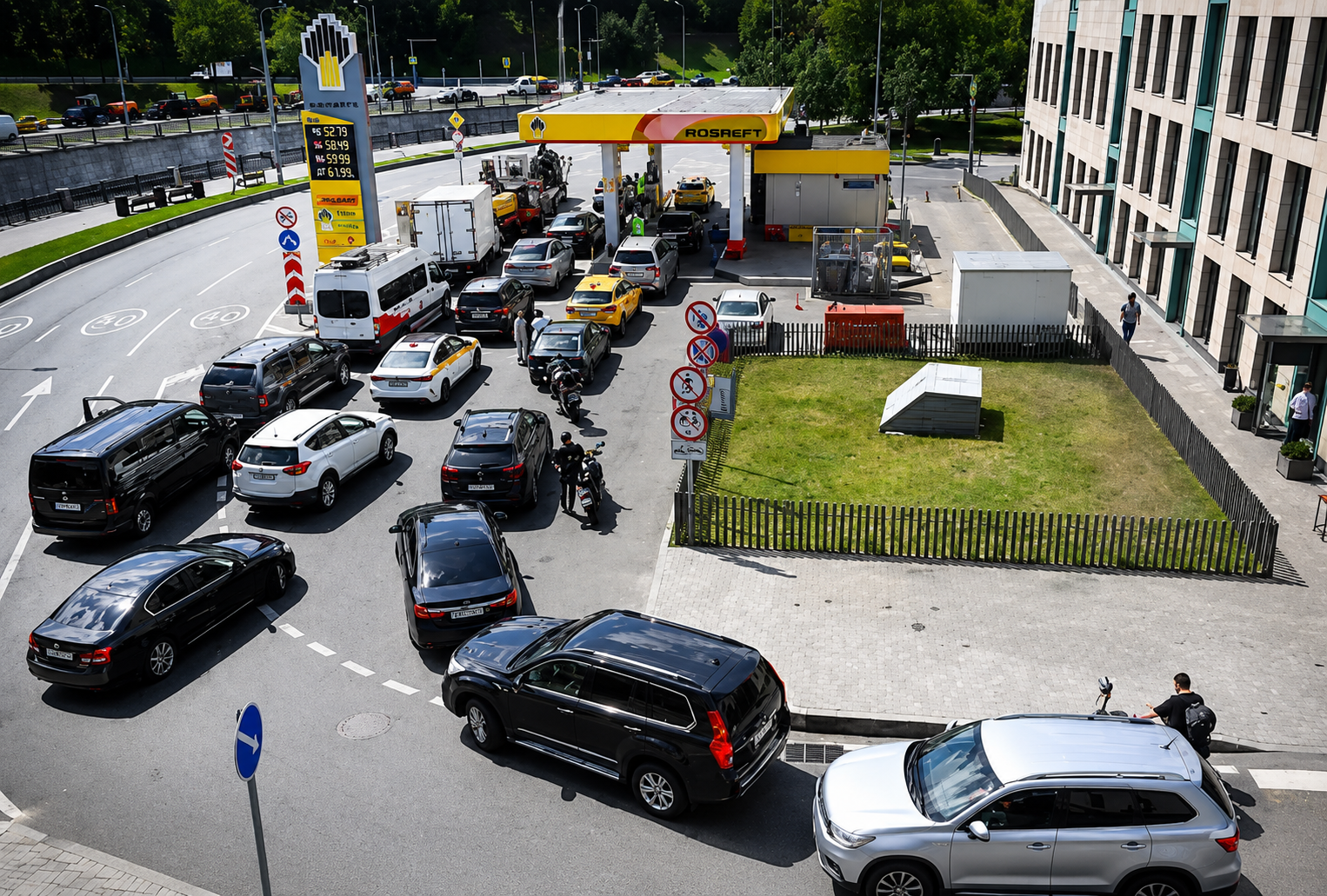 Cars waiting in long queues at a petrol station during Russian fuel shortages caused by attacks on energy infrastructure.